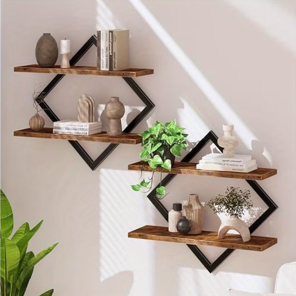 💠 Petite Black and Brown Diamond Floating Wall Shelves – Set of 2 Units - Picture 13 of 13